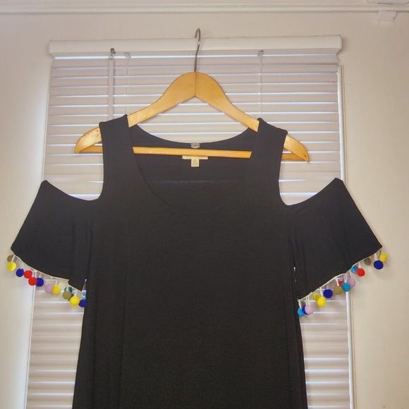 Cupio Cold Shoulder Dress | Multicolored Pompom Decoration - Picture 2 of 6